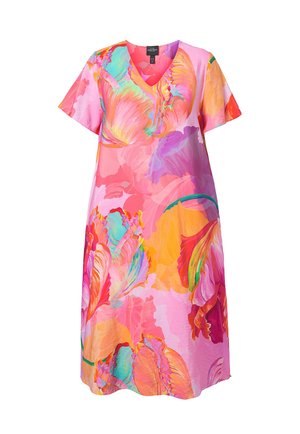 Løs kjole med korte ærmer, V-hals og stort levende blomsterprint i pink, orange, lilla og turkise nuancer.
