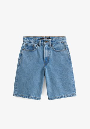 Lichtblauwe denimshorts met voorzakken, riemlussen, metalen knoop, ritssluiting en Vans merklabel.