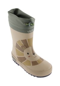 Botte de pluie en caoutchouc beige avec un design de tête de lion, un haut à bord vert et une semelle texturée, dotée d'un cordon de serrage et de détails de logo.