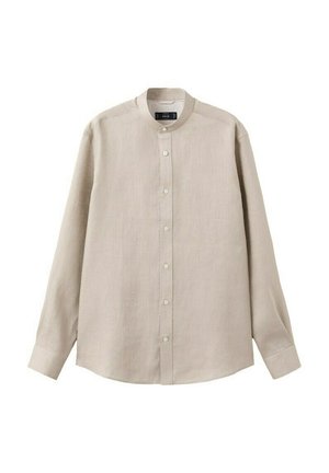 Beige long-sleeve button-up shirt with mandarin collar and seven white buttons down front, displayed on white background.