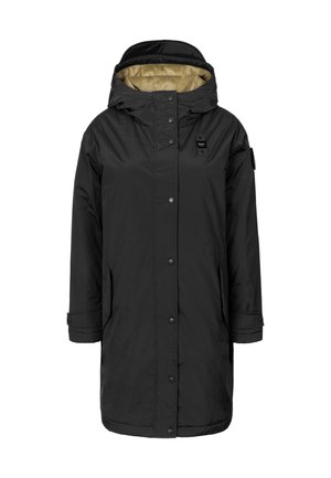 Sort vandtæt parka med hætte, der har en lynlåslukning foran, knaplukning, lommer og en beige foring. Enkelt, lige skåret design.