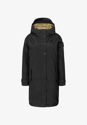 Zwarte waterdichte parka met een capuchon, voorzien van een ritssluiting aan de voorkant, drukknoopsluiting, zakken en een beige binnenvoering. Eenvoudig, recht gesneden ontwerp.
