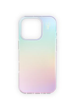 Przezroczyste etui na telefon z dużym wycięciem na aparat i subtelnym, iryzującym gradientem w pastelowych kolorach, oznaczone złotym napisem "Ideal of Sweden".