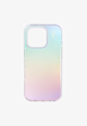Transparent phone case with a large camera cutout and a subtle iridescent gradient in pastel colors, labeled "Ideal of Sweden" in gold text.