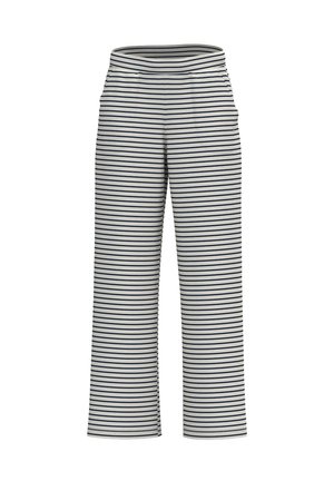 Pantalon blanc à jambes larges avec de fines rayures horizontales noires et une taille haute élastique.