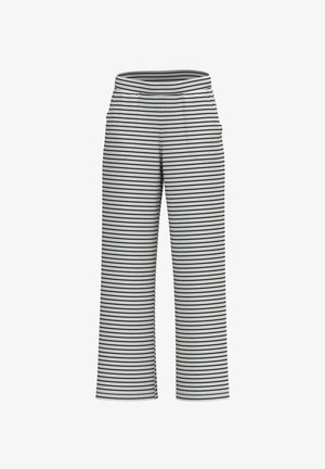 Pantalon blanc à jambes larges avec de fines rayures horizontales noires et une taille haute élastique.