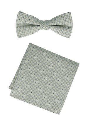 Light green patterned bow tie and pocket square set, featuring a geometric design in a smooth fabric with subtle blue accents.