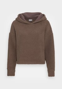Brauner, flauschiger Hoodie mit einer Tasche vorne, oversized Passform und einer kontrastierenden dunkelbraunen Kapuze. Verfügt über lange Ärmel und einen strukturierten Stoff.