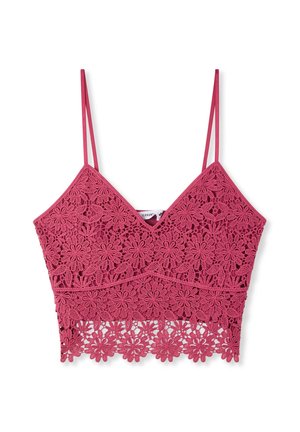 Camisole rosa corta con motivo di pizzo floreale, sottili doppie spalline e orlo smerlato.
