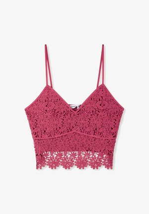 Camisole rosa corta con motivo di pizzo floreale, sottili doppie spalline e orlo smerlato.