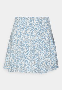 Květinová sukně světle modré barvy s bílými vzory. Má nařasený pas, plisovaný design a rozšířený spodní lem. Vyrobena z měkké látky.