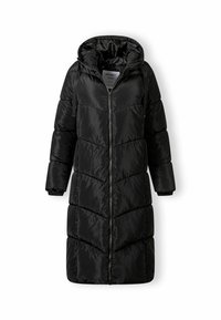 Čierny dlhý prešívaný páperový kabát s kapucňou, s plným predným zipsom a elastickými manžetami na rukávoch, vhodný do chladného počasia.