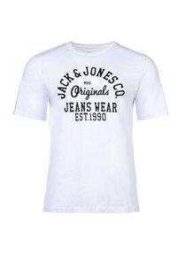 Camiseta de algodón blanca con un gráfico impreso en negro que presenta el texto "JACK & JONES CO. Originals Jeans Wear EST.1990". Manga corta, cuello redondo.