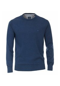 Dunkelblaues Strickpullover mit langen Ärmeln, rundem Halsausschnitt und gerippten Bündchen und Saum. Kleines Logo-Detail auf der Brust. Strukturierter Stoff.