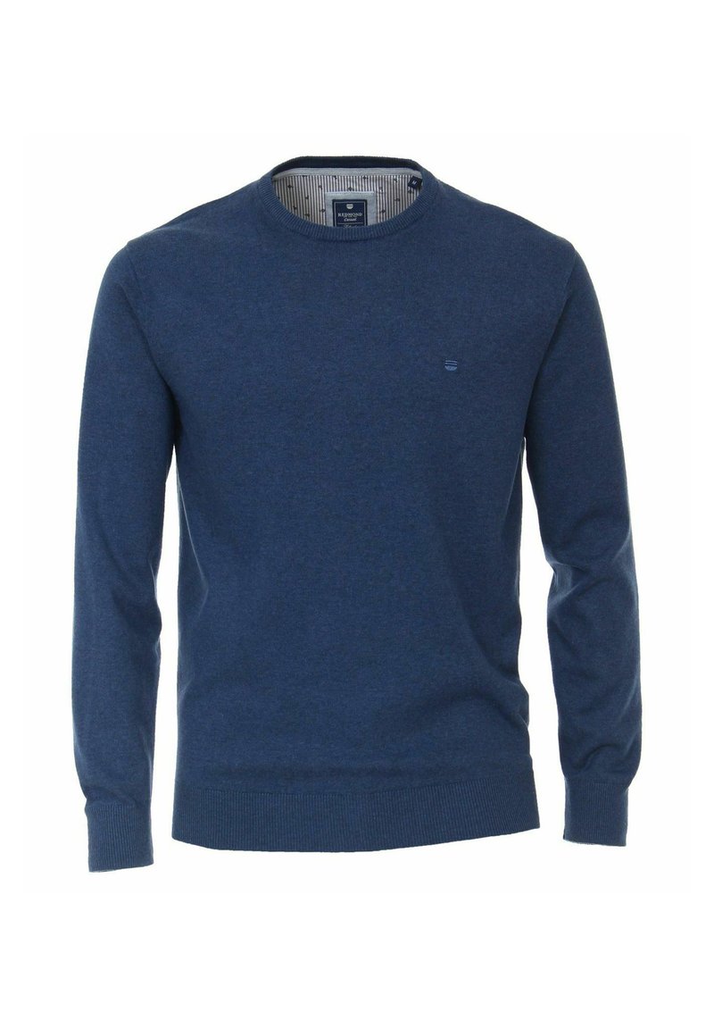 Dunkelblaues Strickpullover mit langen Ärmeln, rundem Halsausschnitt und gerippten Bündchen und Saum. Kleines Logo-Detail auf der Brust. Strukturierter Stoff.