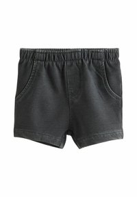 Mörkgrå shorts med elastiskt midjeband, framfickor och en slät tygkvalitet. Designen är enkel och praktisk.