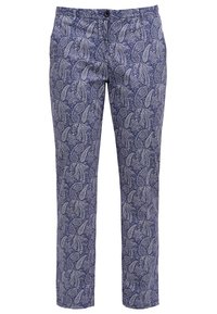 Pantalons en tissu léger à motif paisley bleu, présentant une coupe droite et une fermeture à bouton sur le devant.