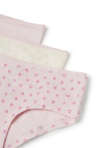 Tre paia di mutandine in rosa e crema, con piccoli motivi floreali e bordi smerlati, realizzate in morbido tessuto di cotone.