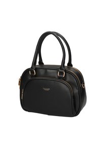 Borsa nera texture con hardware dorato, compartimenti con doppia zip e due maniglie corte. Presenta un design arrotondato e logo embossato.