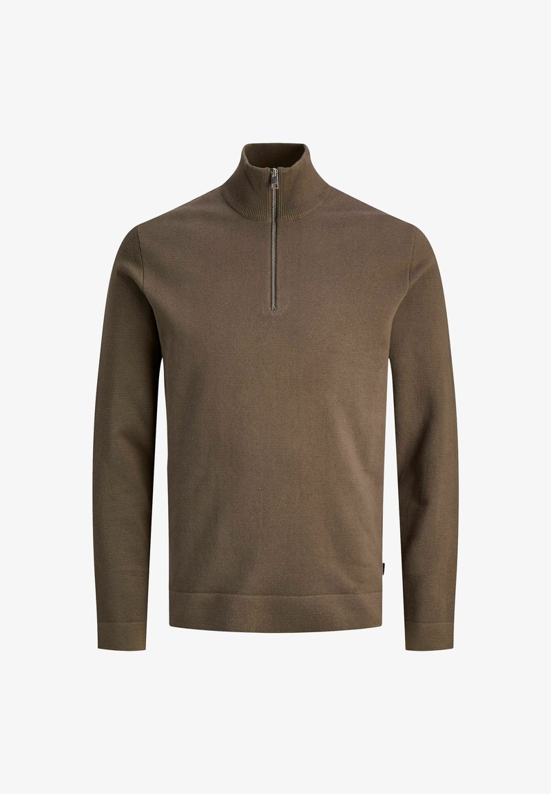 Pull en maille brun, avec col montant et zip quart de tour à l'avant. Comprend des manches longues et un ourlet côtelé pour une texture.