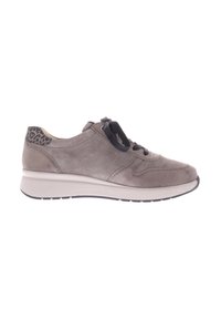Grey suede sneaker with a textured leopard-print accent on the heel, rounded toe, and black laces, featuring a white lightweight sole.