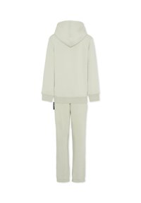 Jasnoszary dres z bluzą z kapturem z prążkowanymi mankietami oraz spodnie z elastycznym pasem i naszywką z logo.