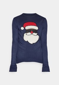 Marineblauer Pullover mit einem flauschigen weißen Santa-Gesicht mit Bart, roter Mütze und roter Nase, schwarzen Sonnenbrillen sowie gerippten Bündchen und Saum.