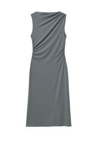 Ärmelloses graues Kleid mit drapiertem Ausschnitt, gerafften Details an den Seiten und einer taillierten Silhouette, gefertigt aus einem glatten Stoff.