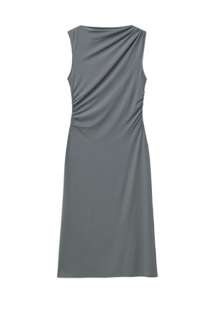 Ärmelloses graues Kleid mit drapiertem Ausschnitt, gerafften Details an den Seiten und einer taillierten Silhouette, gefertigt aus einem glatten Stoff.