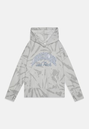 Lichtgrijze tie-dye hoodie met de tekst "Abercrombie and Fitch" op de voorkant, een kangoeroezak en lange mouwen met duimgaten.