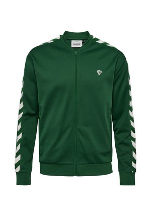 Green zip-up jacket made of soft fabric, featuring white chevron stripes on sleeves and a small logo on the chest. Standard fit.
