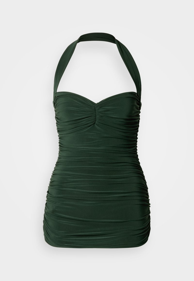 Dark green, ruched bathing suit with a halter neck design and a fitted bust. Smooth texture, structured shape, and adjustable straps.