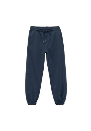 Granatowe spodnie dresowe z elastycznym pasem, sznurkiem do wiązania, bocznymi kieszeniami i elastycznymi mankietami, przedstawione na białym tle.