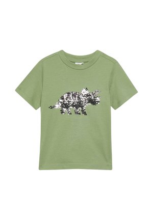 Lichtgroen kindert-shirt met korte mouwen en een zilveren en zwarte pailletten triceratops dinosaurus ontwerp op de voorkant.