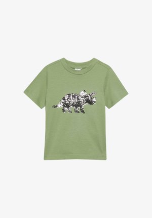Lichtgroen kindert-shirt met korte mouwen en een zilveren en zwarte pailletten triceratops dinosaurus ontwerp op de voorkant.