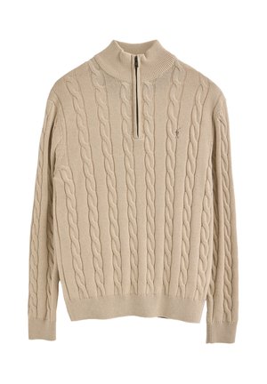 Beige gebreide trui met hoge kraag, ritsdetail en verhoogd kabelpatroon. Ribgebreide mouwen en zoom, casual pasvorm.