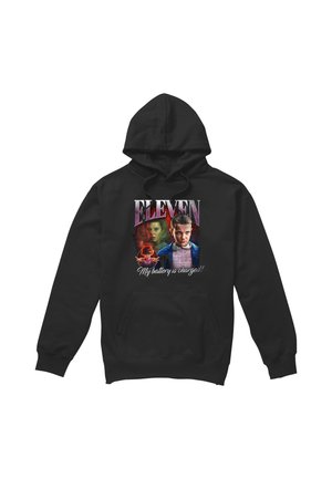 Black hoodie with a graphic of a girl with a shaved head, the word "ELEVEN," and the phrase "My battery is charged!!" on the front.
