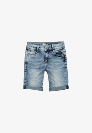 Lyseblå denimshorts med optrukne kanter, forreste knap, lynlås og fem-lommer-design.
