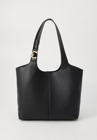 Black leather tote bag with a grainy texture, featuring two long handles and a gold-tone hardware accent on one side.