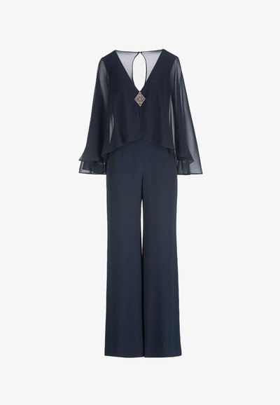 Marineblauer Jumpsuit mit V-Ausschnitt, weiten Ärmeln und einem einzigartigen Rückenausschnitt in Form eines Schlüssellochs, gefertigt aus leichtem, fließendem Stoff.