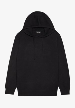 Sort hætte sweatshirt lavet af blødt stof. Har en hætte med snøre og ribbede manchetter og kant. Enkel, udekoreret design.
