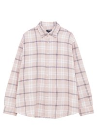 Chemise en flanelle rose clair avec un motif à carreaux blanc et marine, dotée d'une patte de boutonnage et de manches longues. Texture douce.
