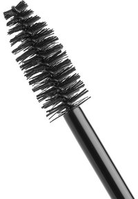 Pennello per mascara nero con un design affusolato, caratterizzato da setole corte e dense disposte in lunghezze variabili lungo la testa per un'applicazione precisa.