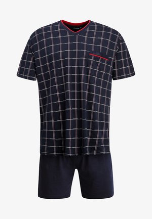 Korte mouwen pyjama set met een marineblauw ruitpatroon, geaccentueerd met rode lijnen, V-hals T-shirt en effen marineblauwe shorts.