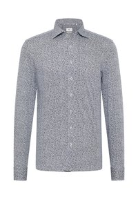 Langarmshirt in donkerblauw met een wit bloemenpatroon. Met knoopsluiting en voorflap met witte knopen. Materiaal van gemengde katoen.