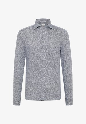 Langarmshirt in donkerblauw met een wit bloemenpatroon. Met knoopsluiting en voorflap met witte knopen. Materiaal van gemengde katoen.