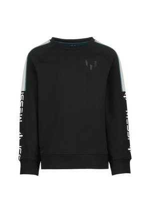 Black long-sleeve sweatshirt with light blue and white stripes on shoulders, logo on chest, and white text on sleeves.