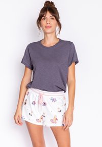 Gray short-sleeve T-shirt paired with white shorts featuring playful animal patterns and a pink drawstring waistband. Soft fabric texture.