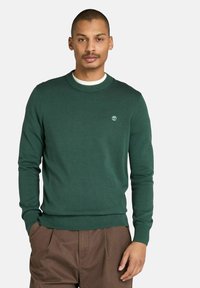 Ciemnozielony sweter dzianinowy z okrągłym dekoltem, ściągaczami przy mankietach i dolnym wykończeniu oraz małym logo na piersi, w połączeniu z brązowymi spodniami.