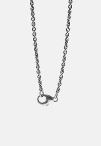 Silver metal chain necklace with interlocking links, featuring a clasp closure at one end and a smooth, polished texture throughout.